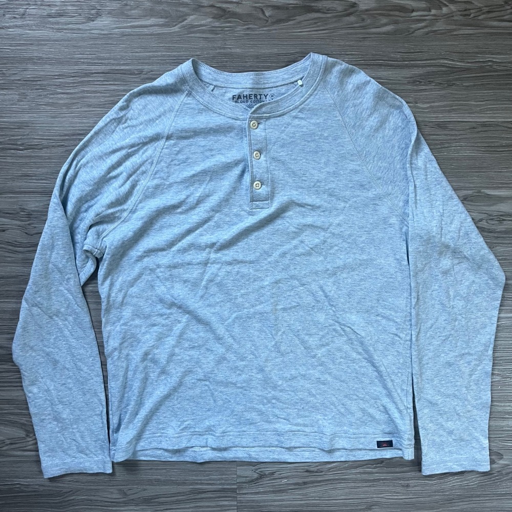 Faherty Cloud Cotton Henley Mens Medium Light Blue Long Sleeve MKF2425-LIH